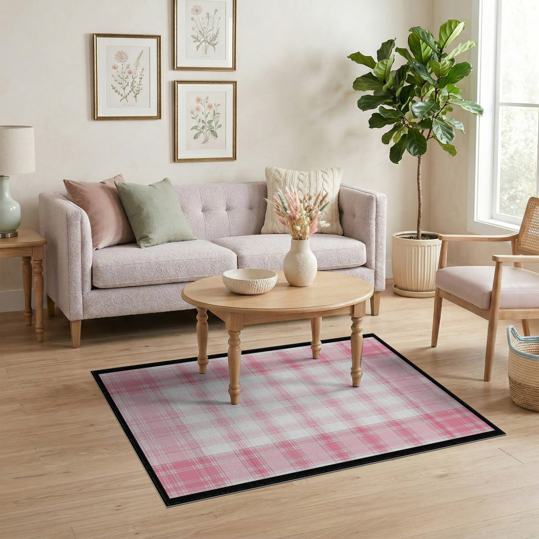 Pink Plaid Washable Pink Area Rug