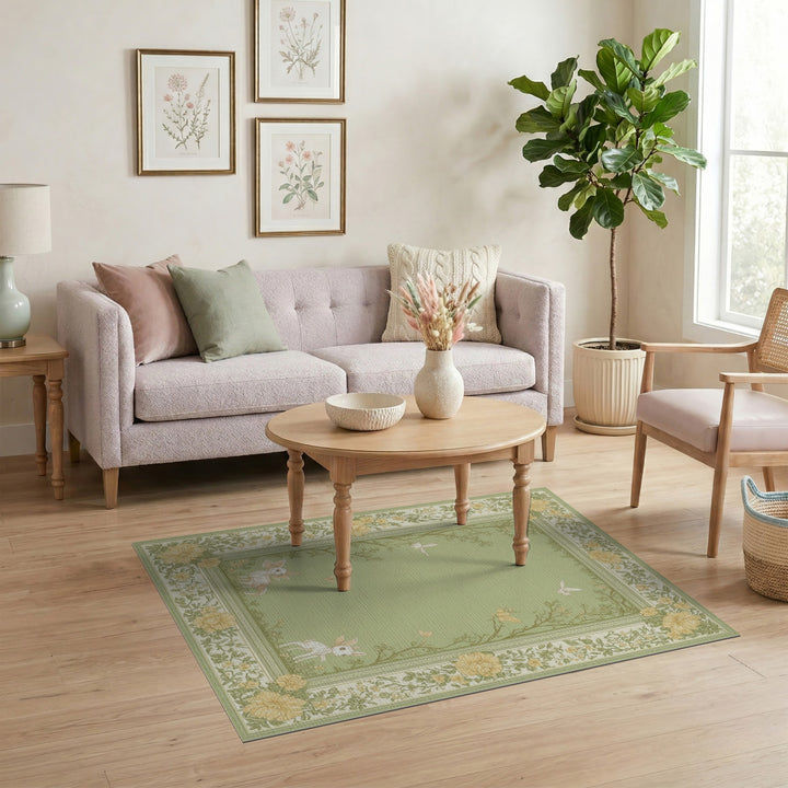 Green Floral Vintage Fawn Area Rug