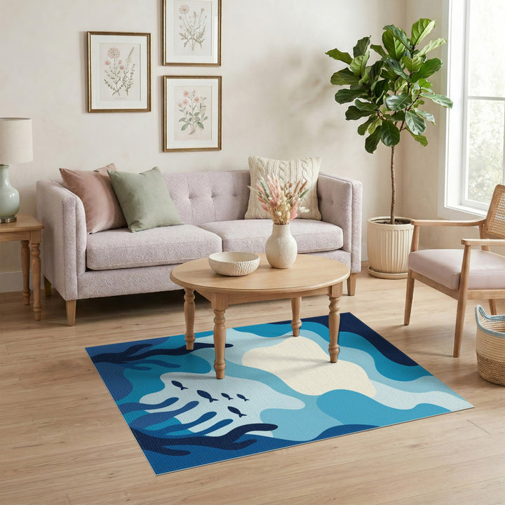 Blue Ocean Waves Fish Area Rug