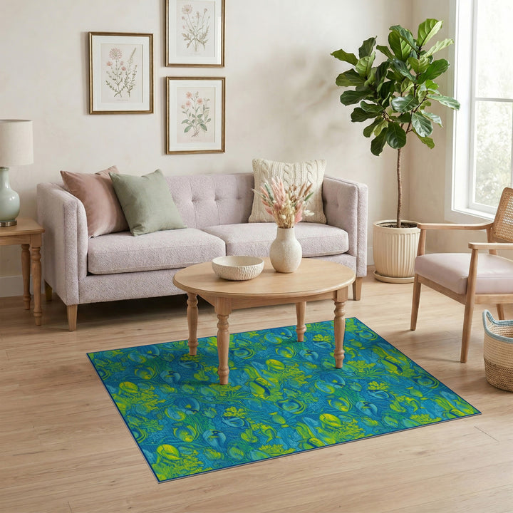 Blue and Teal Blue Fish Coral Coastal Area Rug