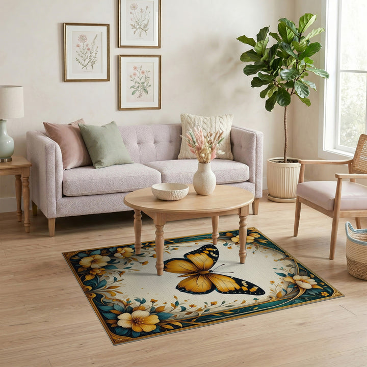Yellow Butterfly Floral Vintage Area Rug