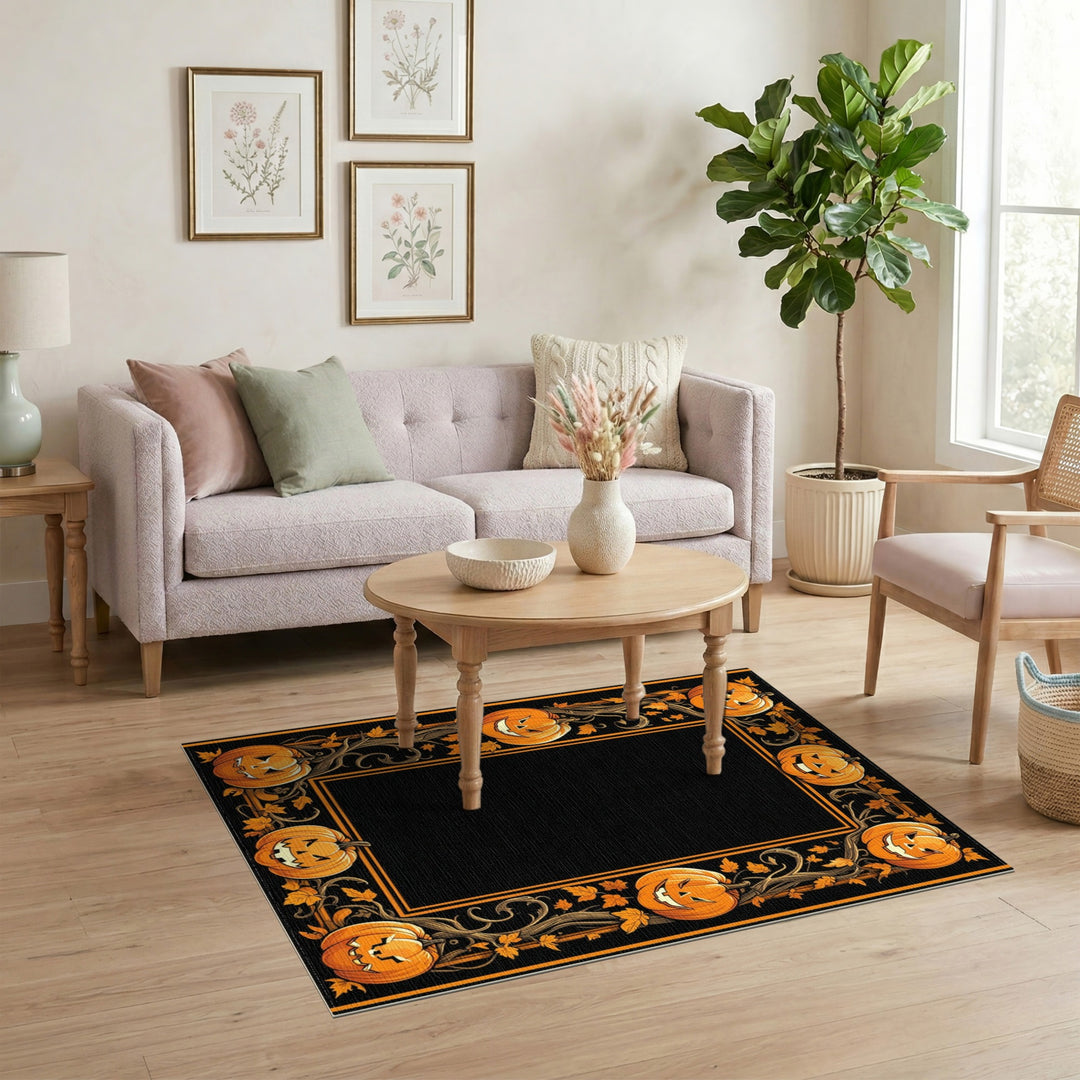 Orange Jack-o'-Lantern Pumpkin Border Area Rug