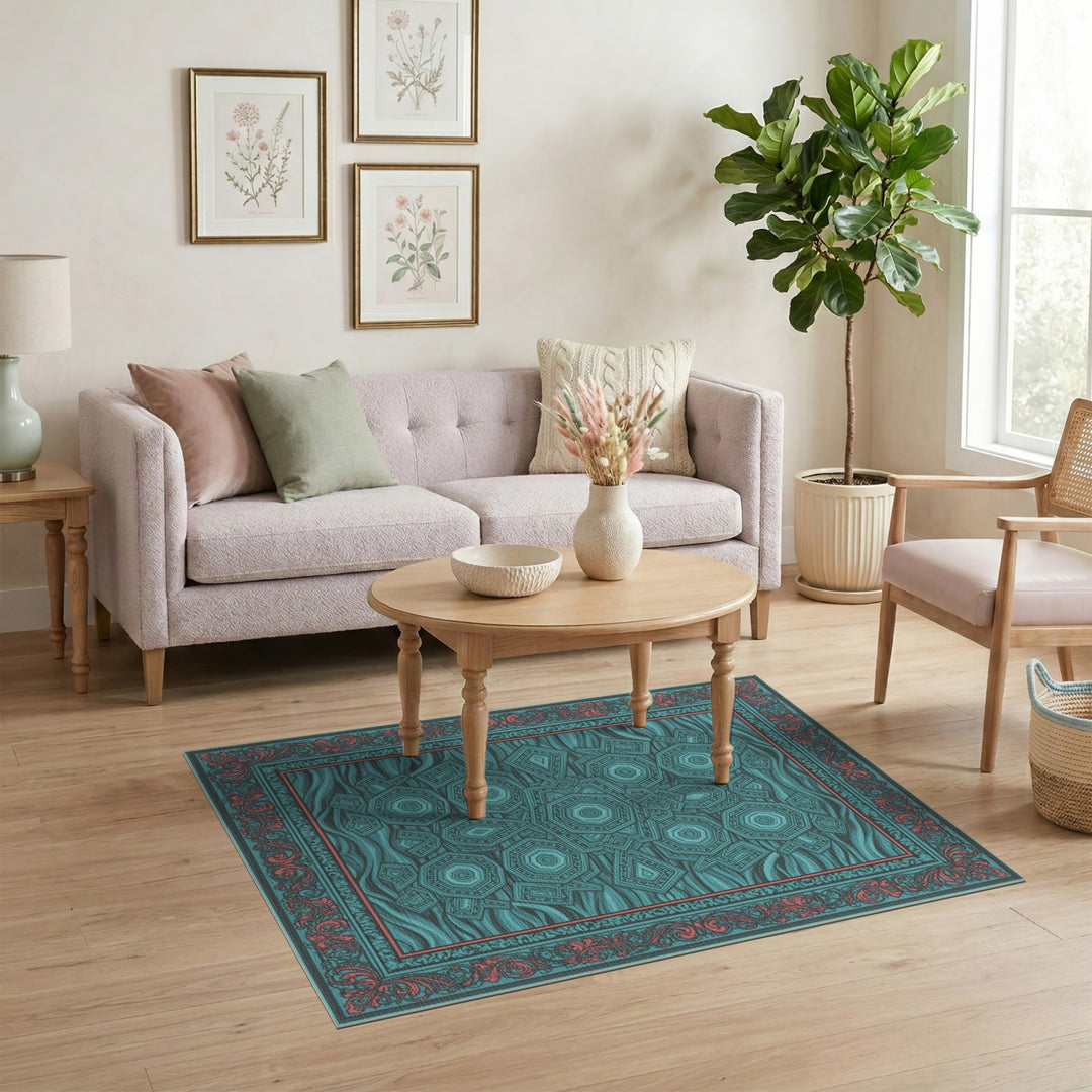 Teal Geometric Hexagon Area Rug with Red Border