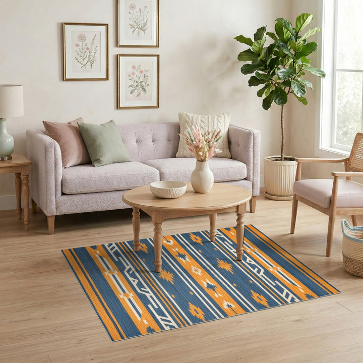 Southwestern Blue Orange Geometric Area Rug