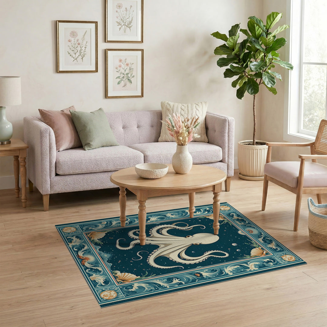 Blue Teal Octopus Coastal Area Rug