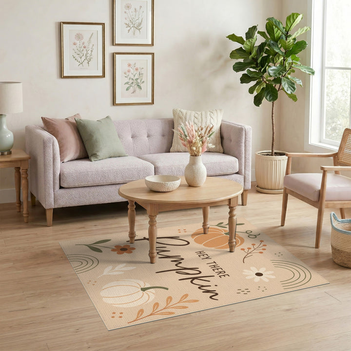 Rustic Farmhouse Hey There Pumpkin Beige Area Rug
