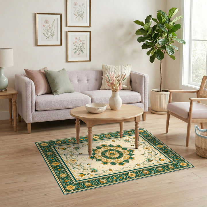 Blue and Teal Gold Floral Persian Medallion Rug