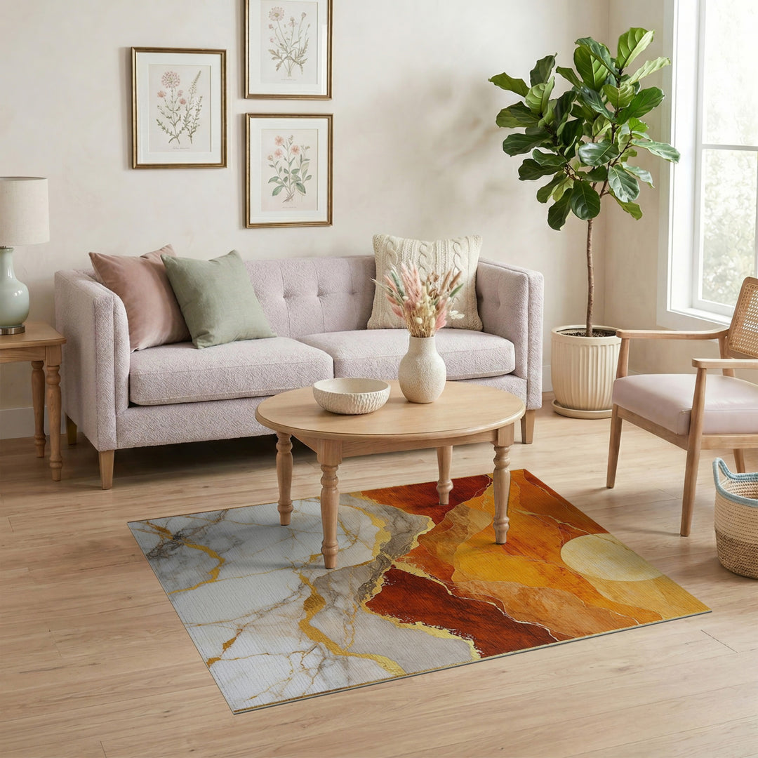 Abstract Orange Marble Gold Area Rug