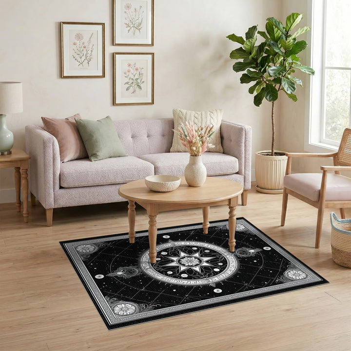 Celestial Star Medallion Black White Rug
