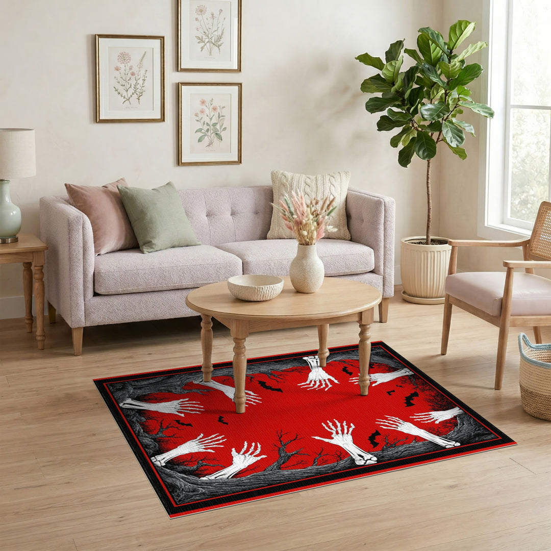 Spooky Skeleton Hands Red Area Rug