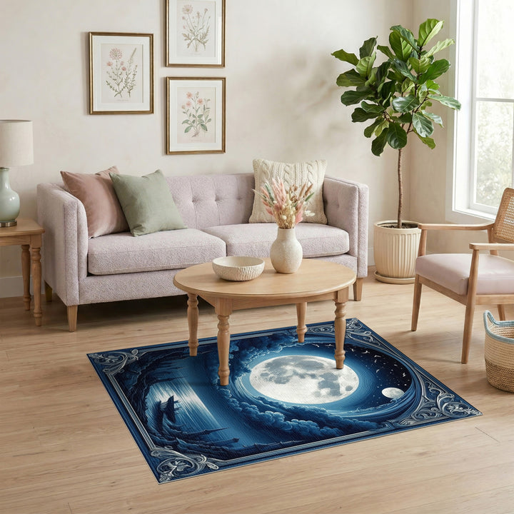 Blue Moonlit Coastal Ruins Area Rug