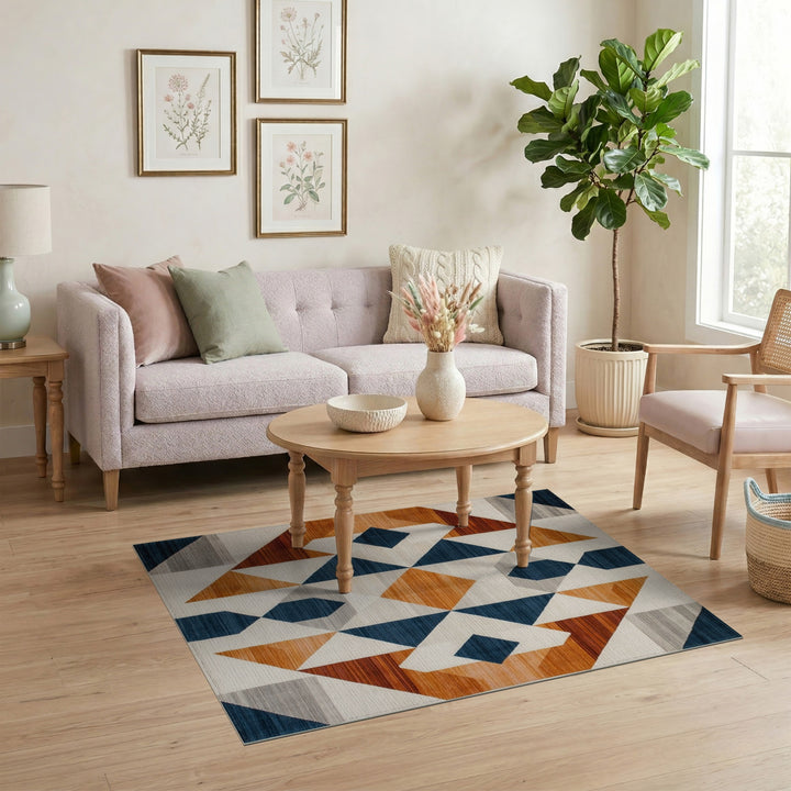 Navy Geometric Diamond Area Rug with Orange Accents