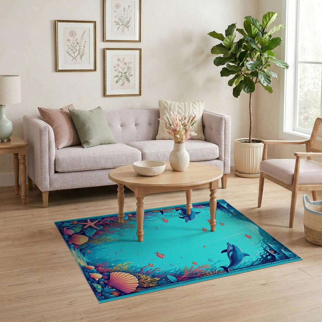 Dolphin Reef Blue Teal Coastal Area Rug