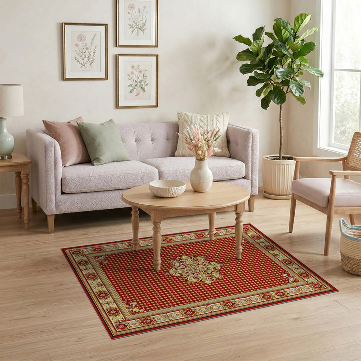Red Traditional Persian Area Rug with Gold Medallion