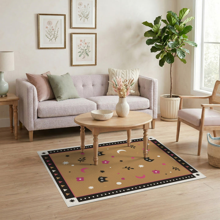 Black Cat Moon Kids Cartoon Rug in Brown Tan