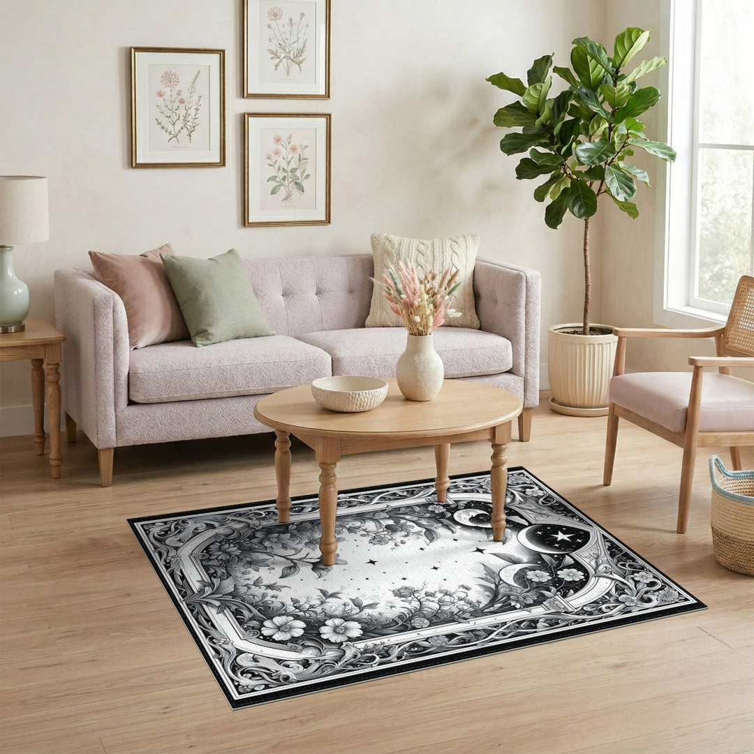 Black and White Celestial Floral Black White Area Rug