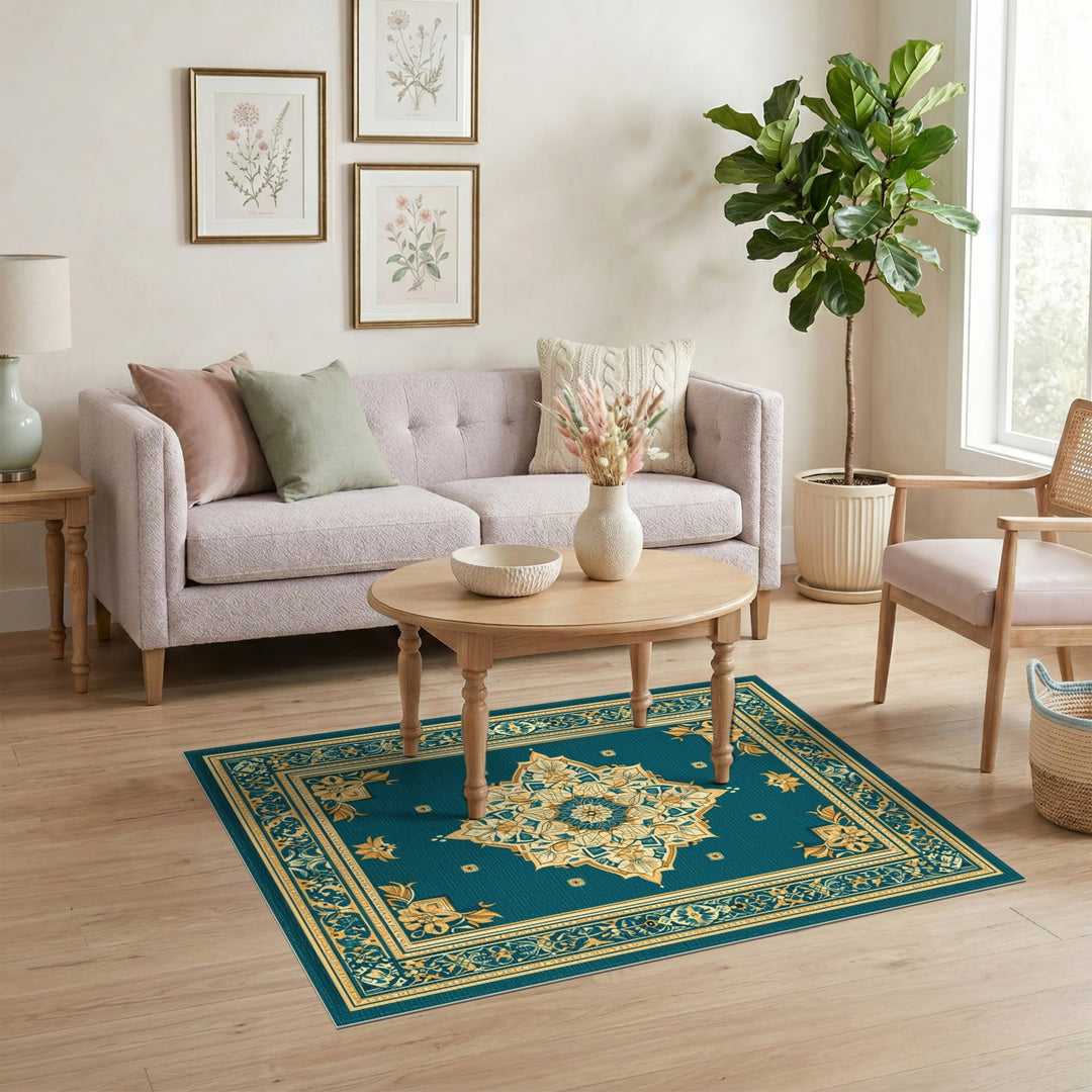 Blue and Teal Gold Floral Persian Area Rug