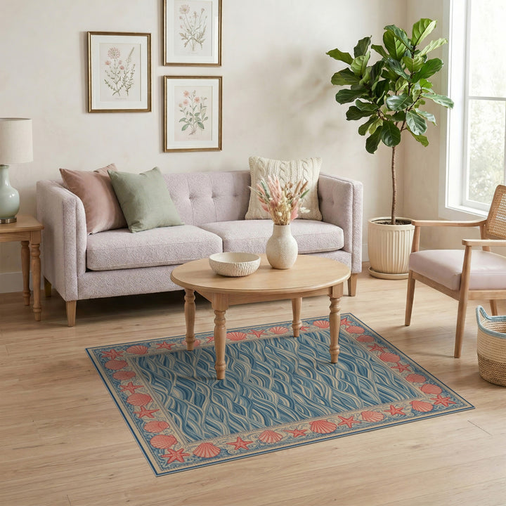 Blue Coastal Wave Area Rug with Seashell Border