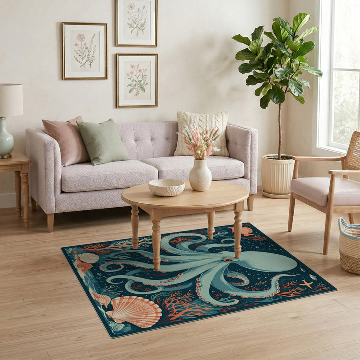 Octopus Teal Coastal Area Rug