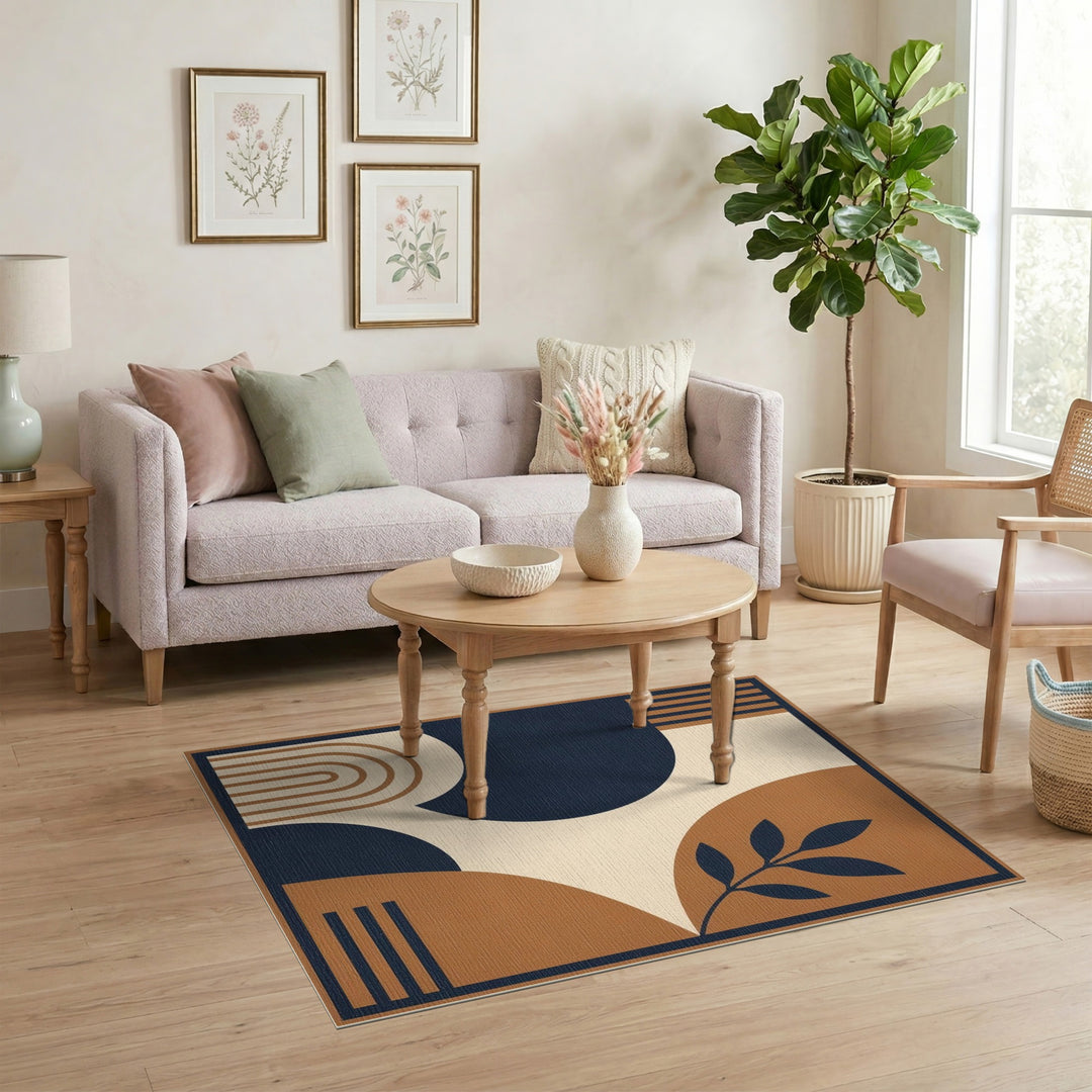 Navy and Brown Geometric Area Rug with Leaf Accent