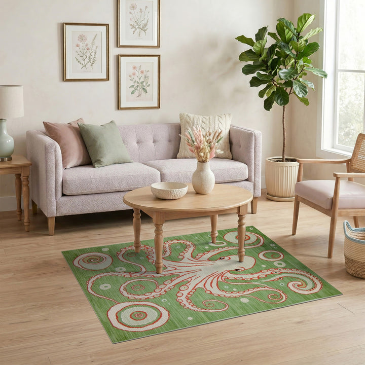 Green Octopus Swirl Washable Area Rug