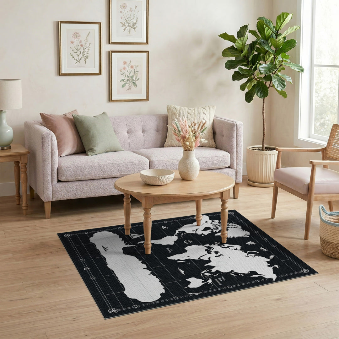 Black White World Map Nautical Area Rug