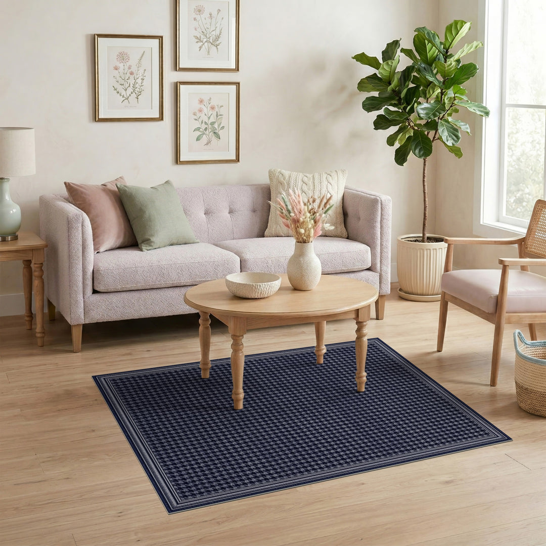 Navy Houndstooth Washable Area Rug
