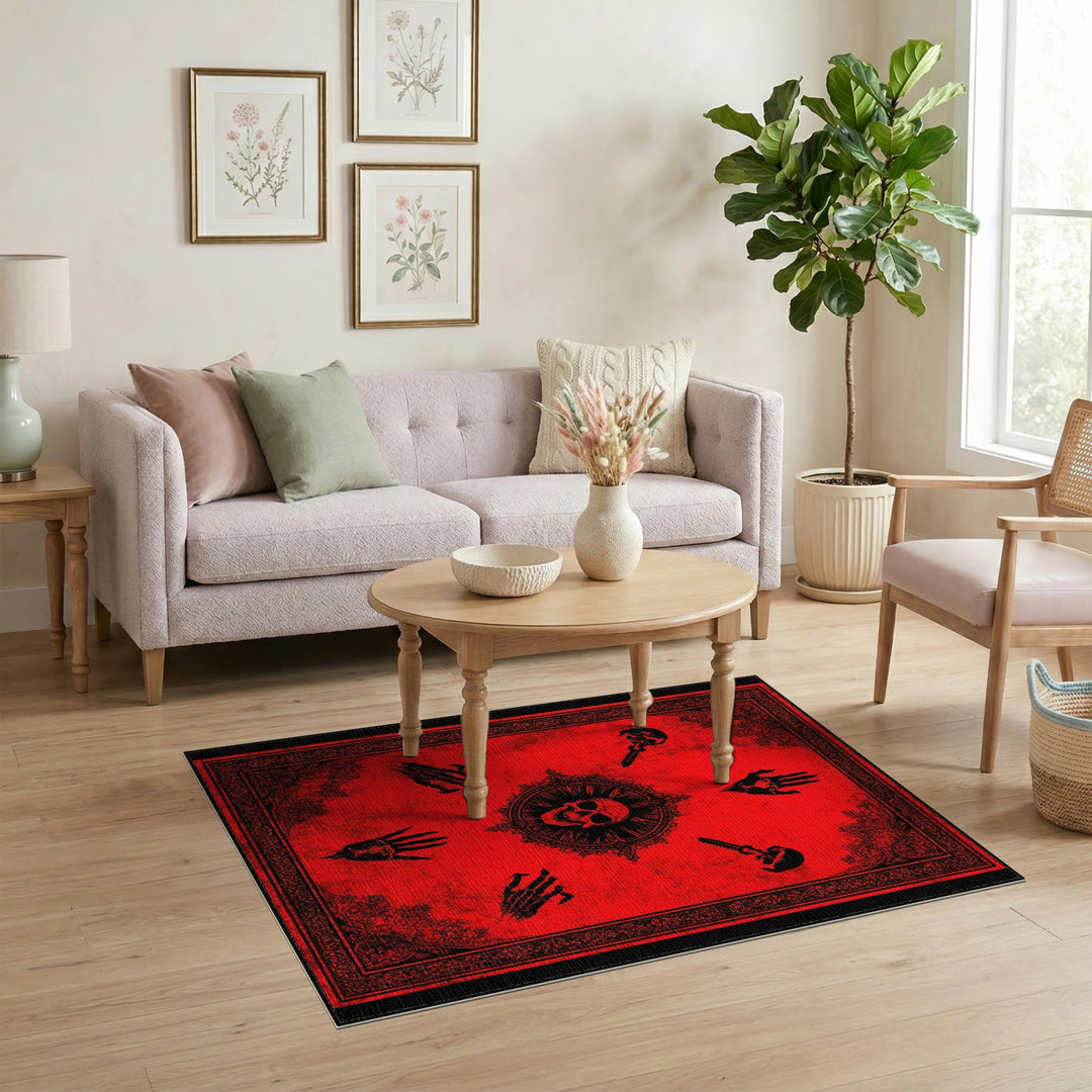 Red Distressed Gothic Skull Area Rug