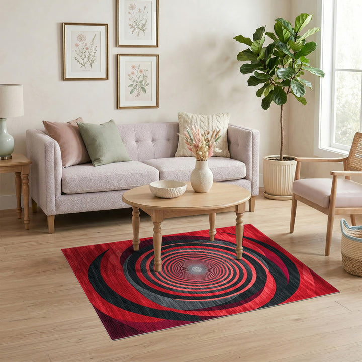 Red Black Concentric Spiral Area Rug