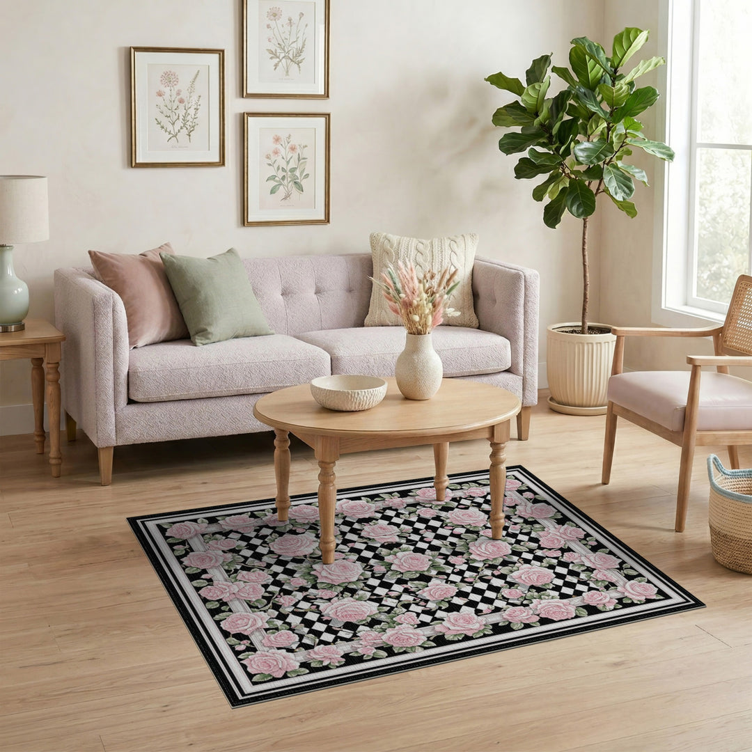 Pink Rose Trellis Checkered Area Rug