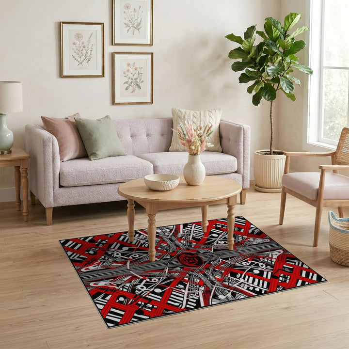 Red Music Notes Geometric Area Rug