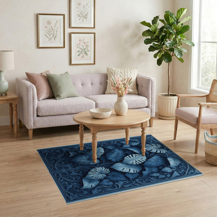 Blue Monstera Leaf Floral Vintage Area Rug