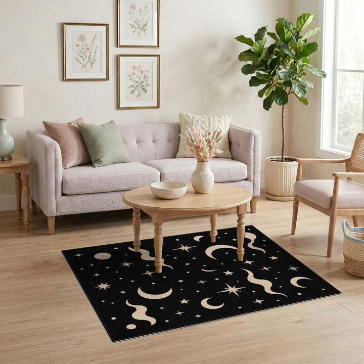 Celestial Black Boho Area Rug with Moons