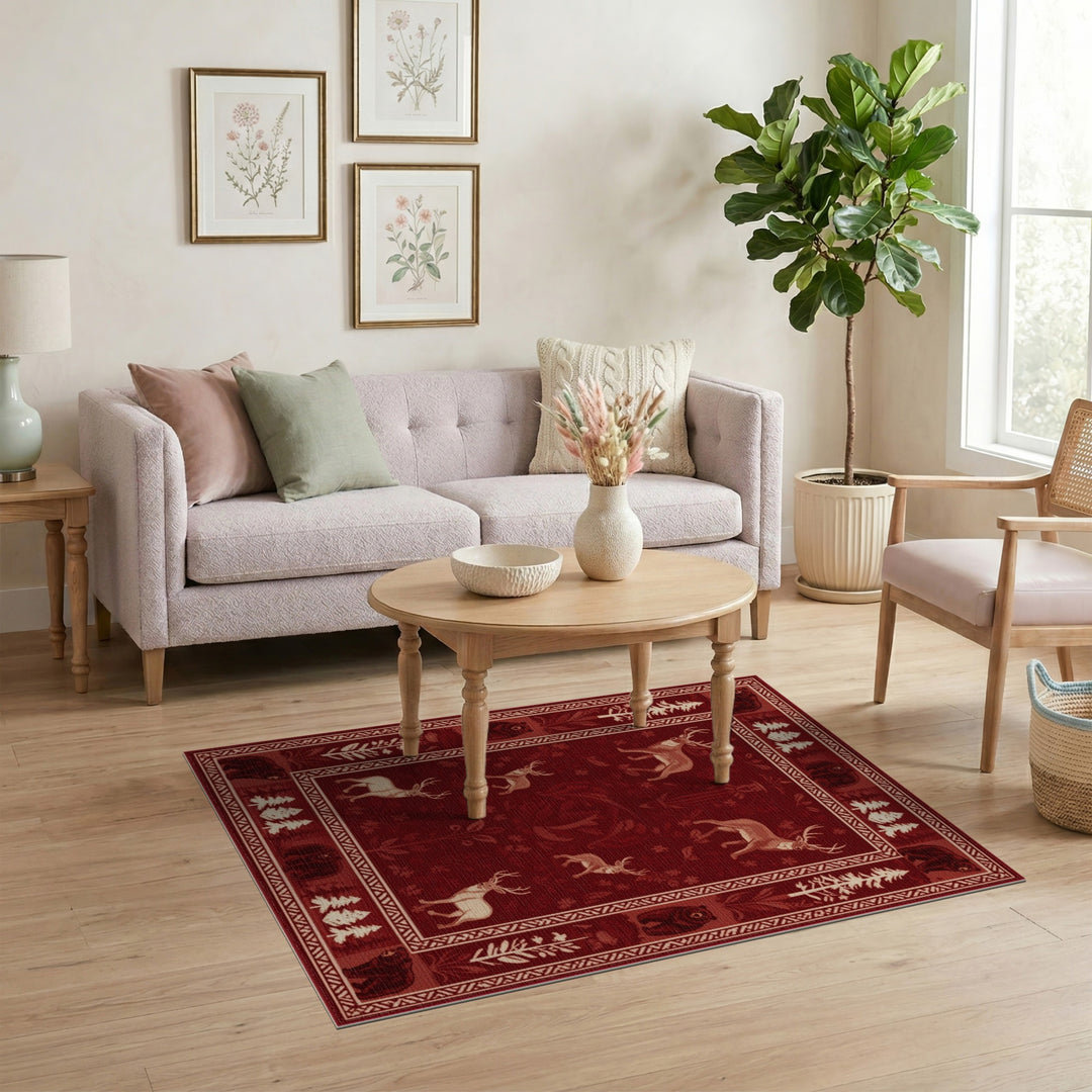 Red Rustic Bear Deer Woodland Area Rug