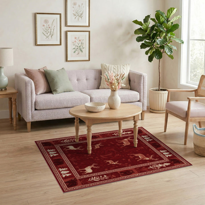 Red Rustic Bear Deer Woodland Area Rug