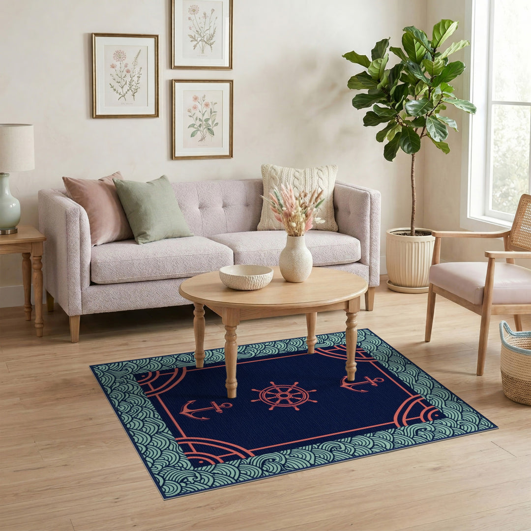 Blue Teal Nautical Anchor Ship Wheel Area Rug