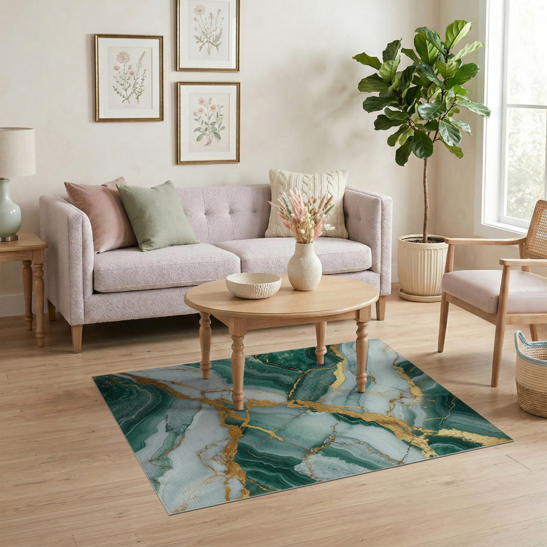Green Abstract Area Green Marble Gold Vein Area Rug