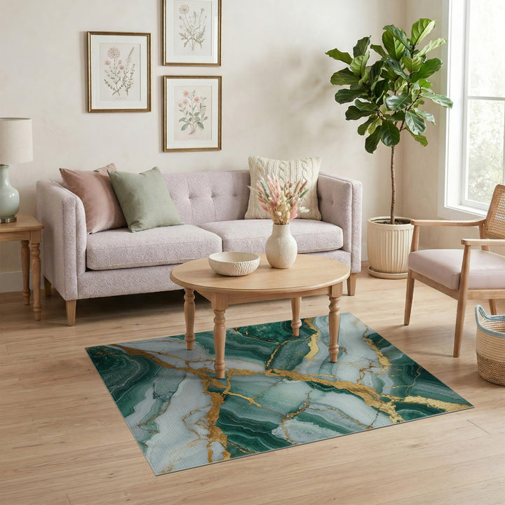 Green Abstract Area Green Marble Gold Vein Area Rug