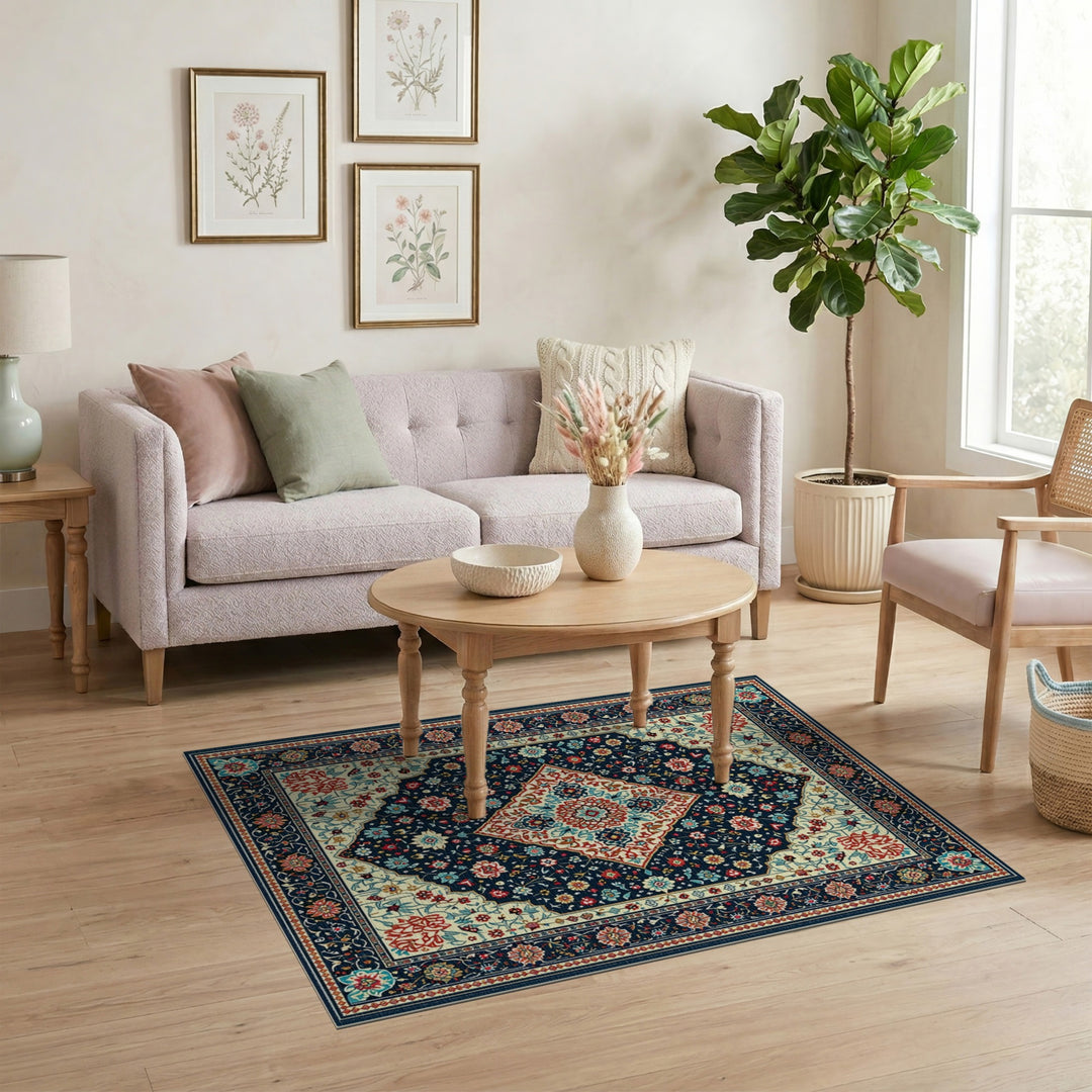 Navy Multi-color and Patterns Navy Persian Floral Medallion Area Rug