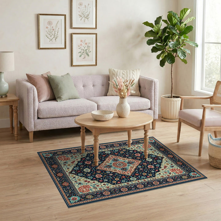 Navy Multi-color and Patterns Navy Persian Floral Medallion Area Rug