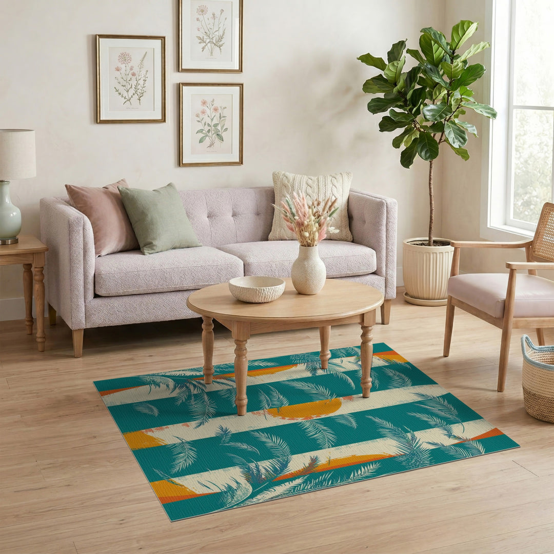 Coastal Surfboard Palm Washable Area Rug
