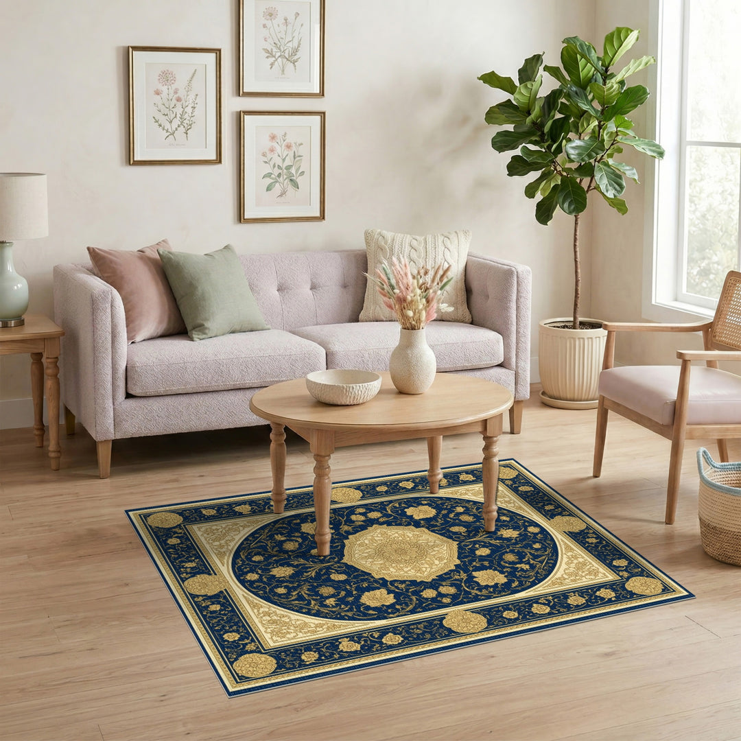 Navy Blue Gold Floral Medallion Persian Rug