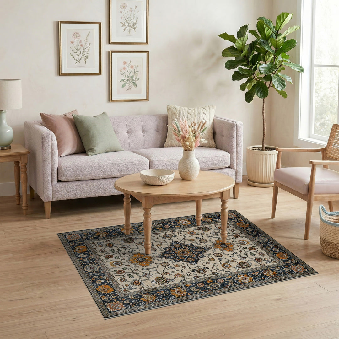 Beige Navy Persian Floral Area Rug