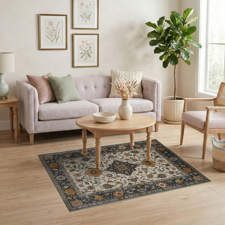 Beige Navy Persian Floral Area Rug