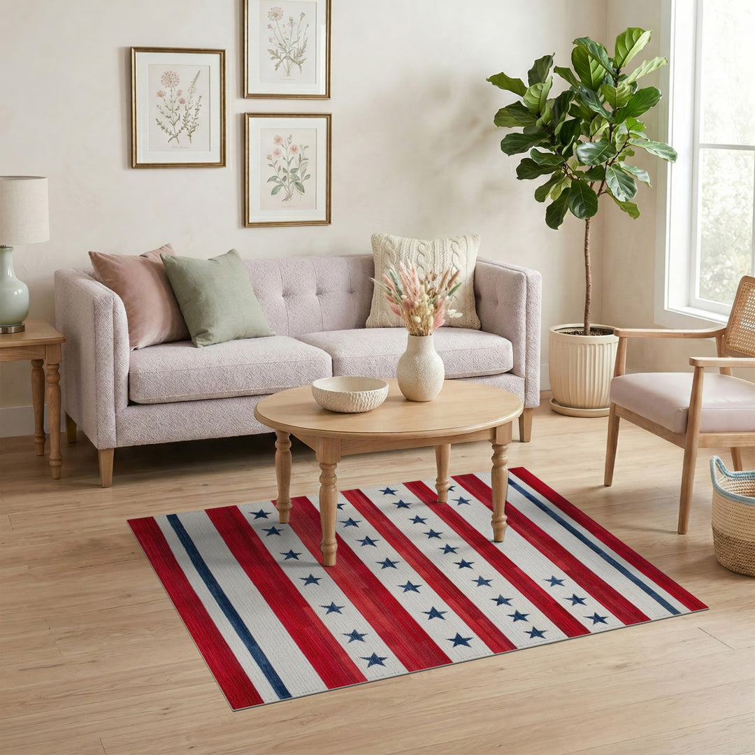Red Striped Star Area Rug