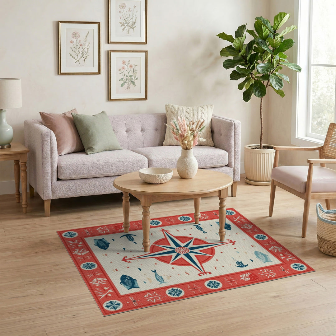 Red Nautical Compass Fish Area Rug
