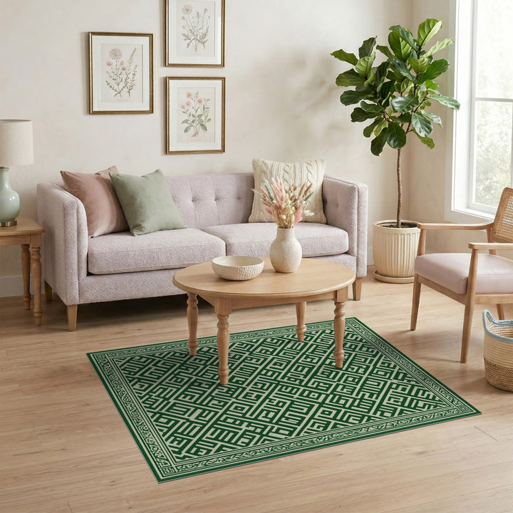 Green Geometric Maze Green Area Rug