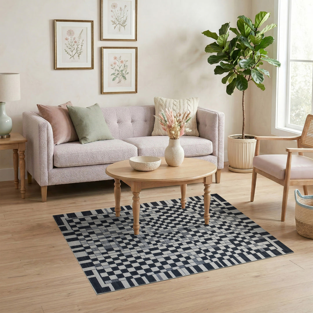 Checkered Black White Geometric Checkered Area Rug