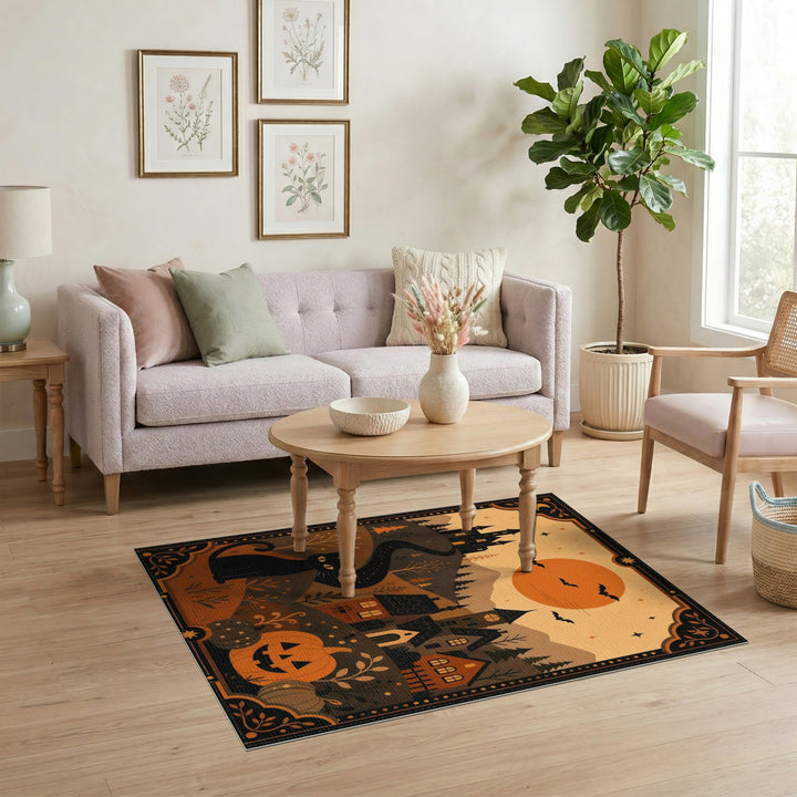 Multi-color and Patterns Black Cat Pumpkin Halloween Area Rug