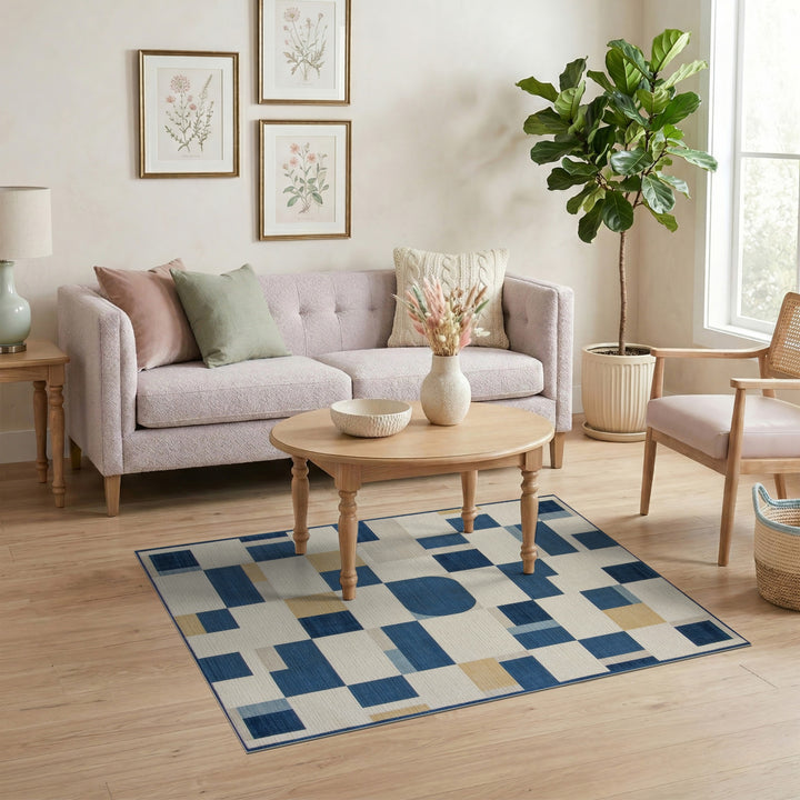 Blue Geometric Area Rug with Abstract Shapes